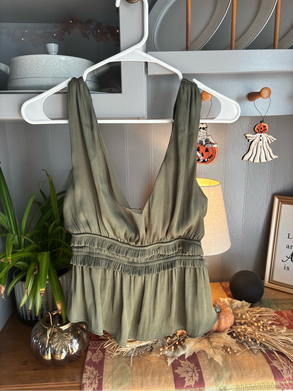 Storia Olive Green Ruffled V-Neck Camisole